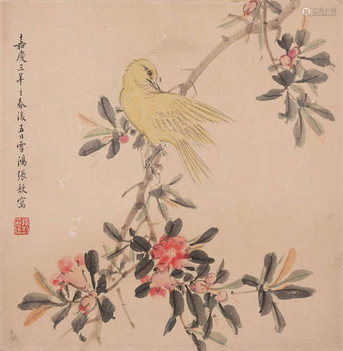 FLOWERS AND BIRD, INK AND COLOR ON PAPER,  MOUNTED, ZHANG YU