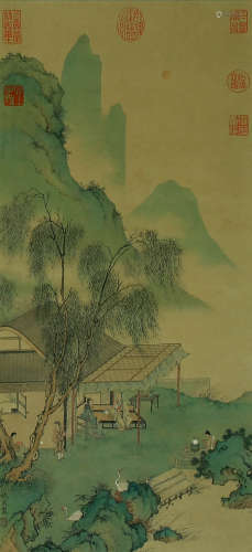 FIGURE, INK AND COLOR ON SILK,  HANGING SCROLL, QIU YING