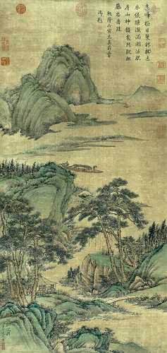 LANDSCAPE, INK AND COLOR ON SILK,  HANGING SCROLL, DONG BANG...