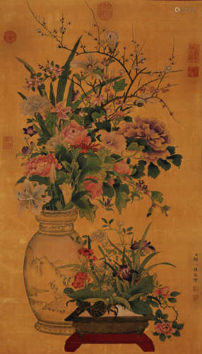 FLOWERS, INK AND COLOR ON SILK,  HANGING SCROLL, ZOU YIGUI