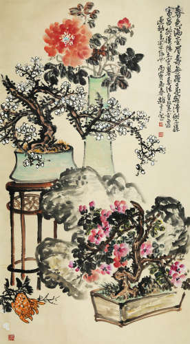 FLOWERS, INK AND COLOR ON PAPER, MOUNTED, ZHAO YUNHE