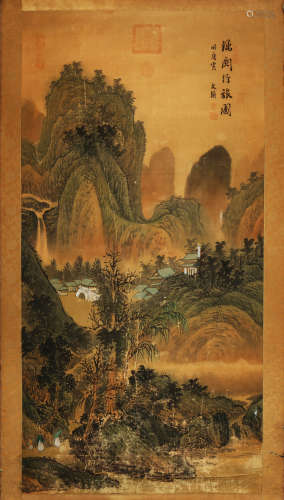 LANDSCAPE, INK AND COLOR ON PAPER, MOUNTED, WEN HAN