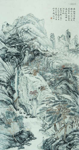 LANDSCAPE, INK AND COLOR ON PAPER,  HANGING SCROLL, SHEN ZHO...