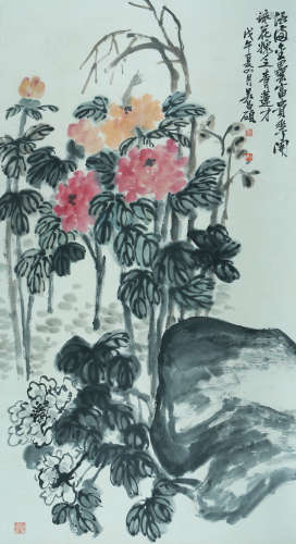 FLOWERS, INK AND COLOR ON PAPER, HANGING SCROLL, WU CHANGSHU...