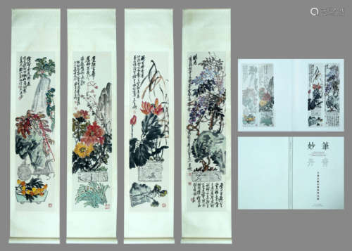 FLOWERS, INK AND COLOR ON PAPER, HANGING SCROLL, SET OF FOUR...