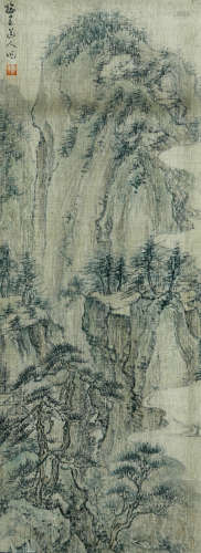 LANDSCAPE, INK AND COLOR ON SILK, HANGING SCROLL, WU ZHEN