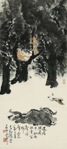 GRAZING, INK AND COLOR ON PAPER, HANGING SCROLL, LI KERAN