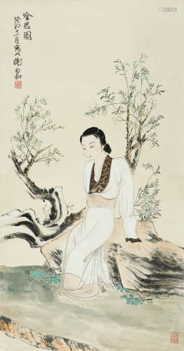 FIGURE, INK AND COLOR ON PAPER,  HANGING SCROLL, XIE ZHILIU