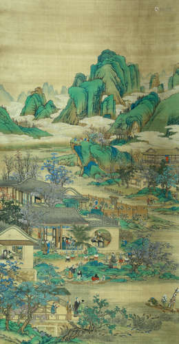 FIGURE STORY, INK AND COLOR ON SILK,  HANGING SCROLL, QIU YI...