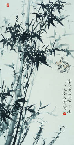 BAMBOO AND SPARROW, INK AND COLOR ON PAPER, HANGING SCROLL, ...