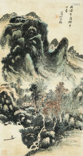 LANDSCAPE, INK AND COLOR ON PAPER, HANGING SCROLL, HUANG BIN...