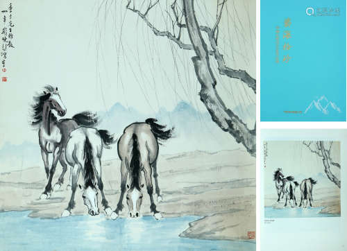 HORSES, INK AND COLOR ON PAPER,  HANGING SCROLL, XU BEIHONG