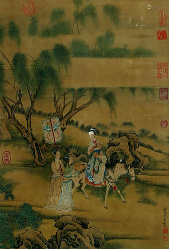 LANDSCAPE, INK AND COLOR ON SILK,  HANGING SCROLL, QIU YING