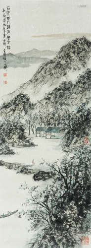 LANDSCAPE, INK AND COLOR ON PAPER, HANGING SCROLL, FU BAOSHI
