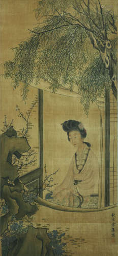 LADY, INK AND COLOR ON SILK,  HANGING SCROLL, YU JI