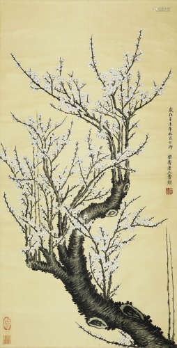 PLUM BLOSSOM, INK AND COLOR ON SILK, HANGING SCROLL, CAO KUN