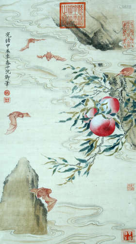 BATS AND PEACHES, INK AND COLOR ON SILK,  HANGING SCROLL, EM...
