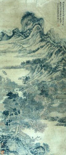 LANDSCAPE, INK AND COLOR ON PAPER,  HANGING SCROLL, WU LI