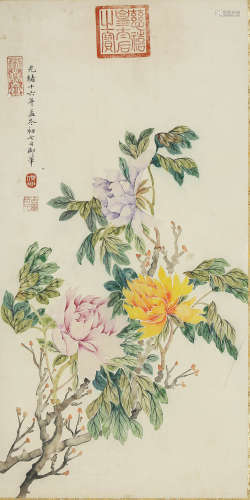 FLOWERS, INK AND COLOR ON PAPER,  MOUNTED, EMPRESS CIXI