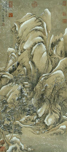 LANDSCAPE, INK AND COLOR ON PAPER, HANGING SCROLL, WEN ZHENG...
