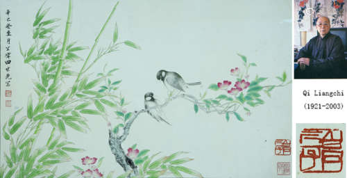 FLOWERS AND BIRDS, INK AND COLOR ON PAPER,  MOUNTED, TIAN SH...