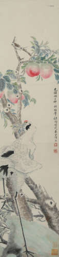 CRANE, INK AND COLOR ON PAPER,  HANGING SCROLL, REN BONIAN