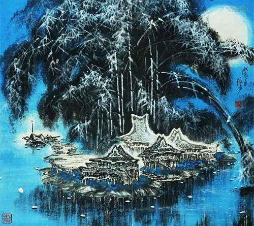 LANDSCAPE, INK AND COLOR ON PAPER, HANGING SCROLL, ZHANG BU