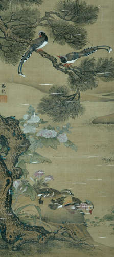ROOSTER, INK AND COLOR ON SILK,  HANGING SCROLL, LV JI