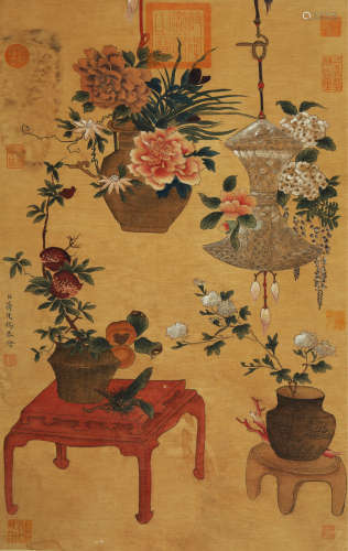 FLOWERS, INK AND COLOR ON SILK,  HANGING SCROLL, JIANG TINGX...