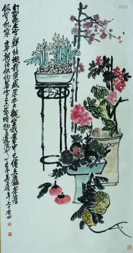 FLOWERS, INK AND COLOR ON PAPER,  HANGING SCROLL, WU CHANGSH...