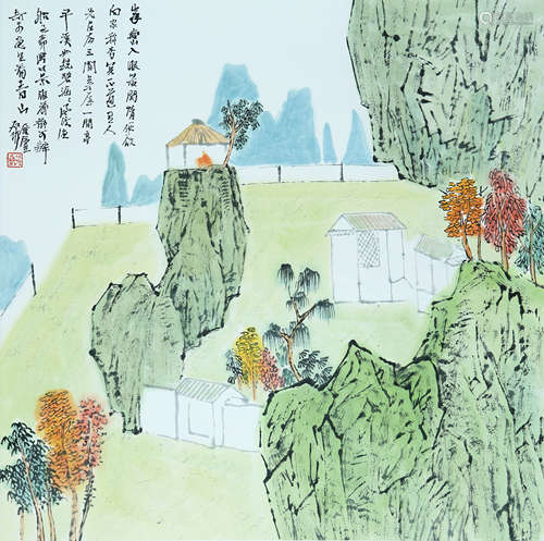 LANDSCAPE, INK AND COLOR ON PAPER, HANGING SCROLL, HE JIALIN