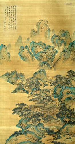 LANDSCAPE, INK AND COLOR ON SILK,  HANGING SCROLL, WEN ZHENG...