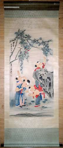 张大千 《工笔重彩人物画-多子图》