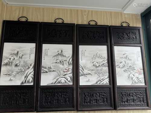 王大凡雪景四条屏瓷板画