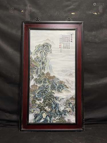 张志汤重工粉彩亭台楼阁山水《瑶池仙境》瓷板画