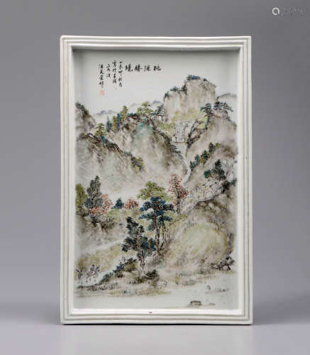 汪友棠款浅绛彩山水人物瓷板画