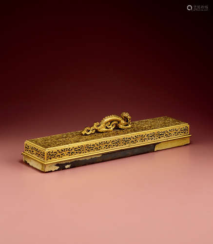 铜鎏金镂空雕长方形螭龙钮香熏
