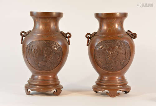 Pair Chinese Bronze Vase with Silver Wire Inlay