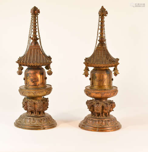 Pair Japanese Bronze Buddhist Pagoda Shrine