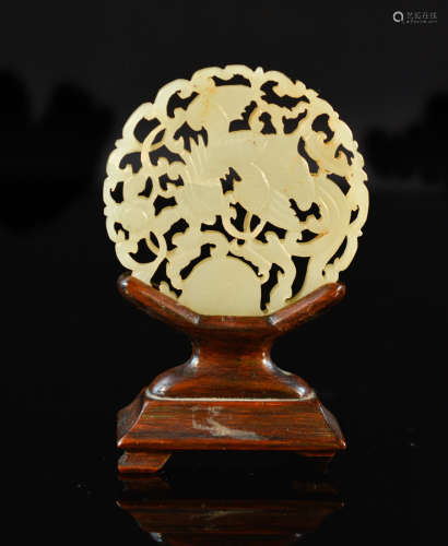 Chinese Carved Jade Plaque on Wood Stand