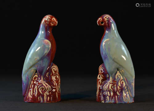 Pair Chinese Flambe Glazed Porcelain Parrots