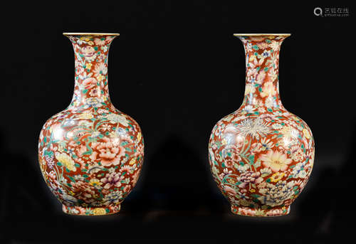 Pair Chinese Milifloral Porcelain Vase