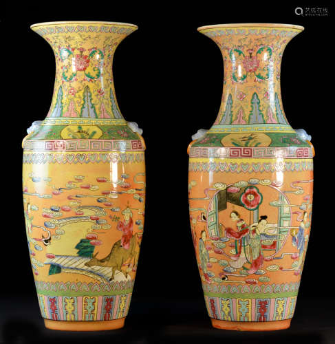 Large Pair Famille Rose Porcelain Blauster Vases