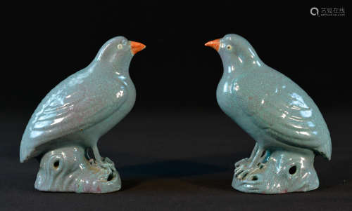 Pair Robin Egg Blue Glazed Porcelain Bird