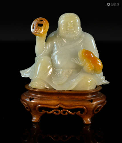 Chinese Jadiete Buddha with Wooden Stand