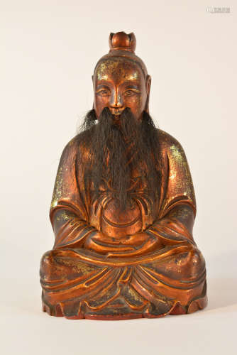 Chinese Lacquer on Wood Seated Daoist Figurine