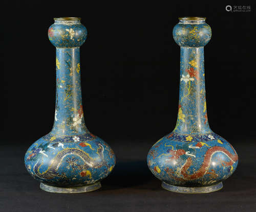 Pair Chinese Cloisonne Vases with Dragon Motif