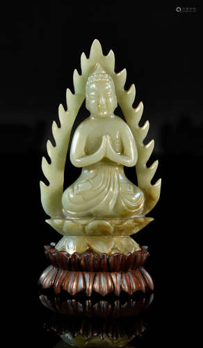 Chinese Celadon Jade Buddha with Wooden Base