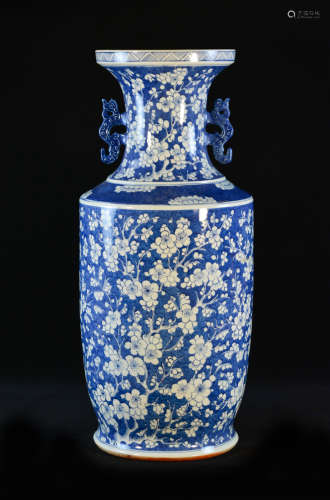 Large Chinese Blue White Porcelain Vase - Dragon Handle