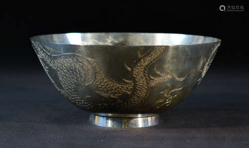 Tiffany Silver Bowl with Oriental Dragon Motif